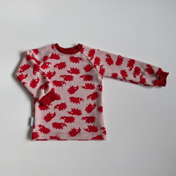 Detské teplé tričko s merino vlnou Volovec - červení ježkovia červené patenty