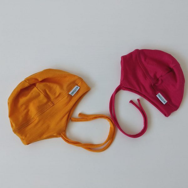 Detská elastická merino čiapka Báb - oranžovožltá a sýtoružová